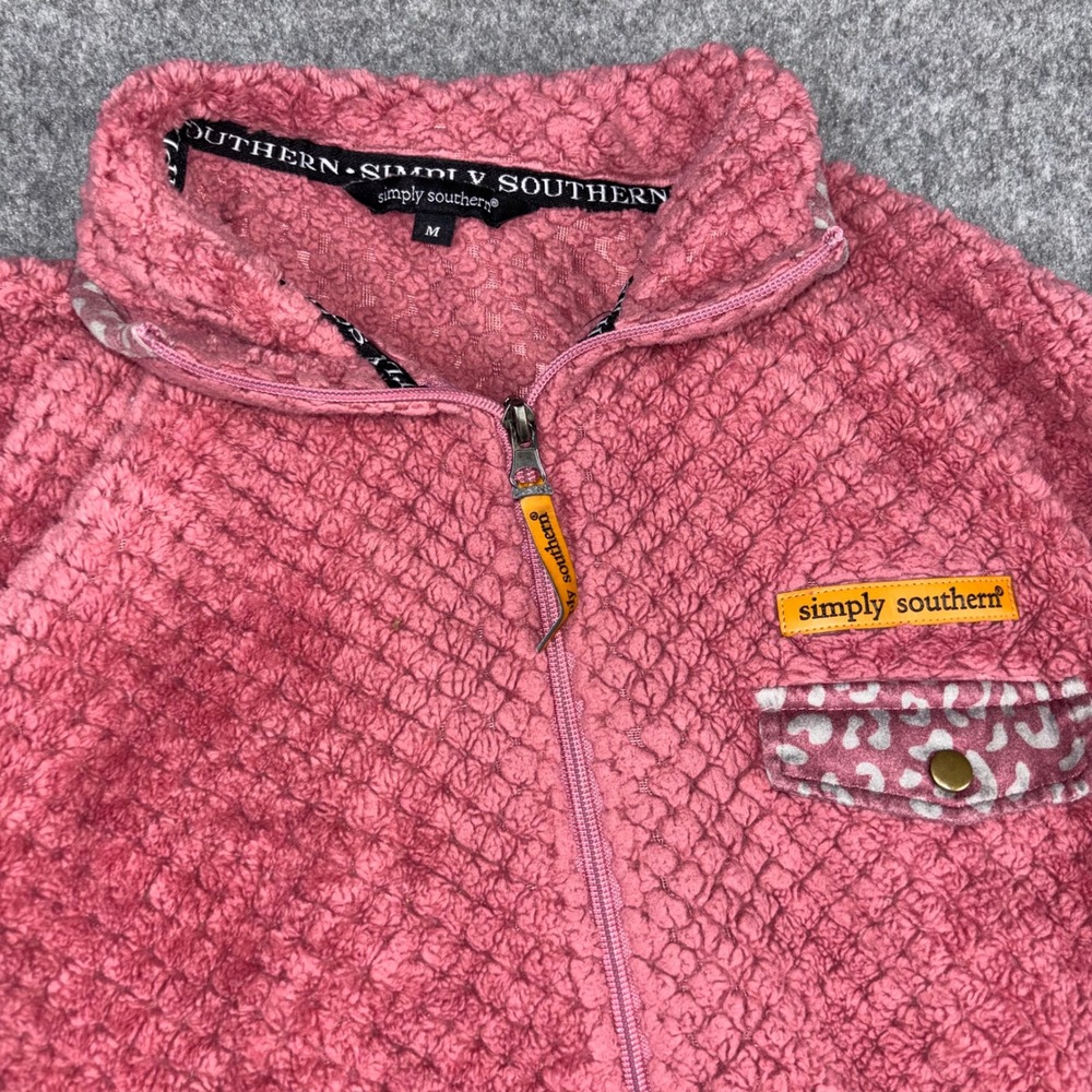 Simply Southern Fleece Jacket Womens Medium Pink Leopard Trim Sherpa Full Zip